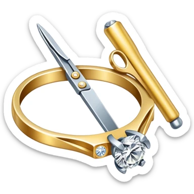 Create a bright and detailed icon representing jewelry art and the craft of making jewelry. The design should feature elements like a sparkling diamond, a gold ring, a jeweler’s tools (such as pliers and a workbench), and some delicate detailing that conveys craftsmanship and luxury. The icon should be clean, vibrant, and visually striking, with a balance of sophistication and creativity. sticker