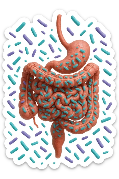 intestino umano anatomico realistico pieno di batteri intestinali viola e turchesi che gli fluttuano intorno, IPERREALISTICA 4K sticker