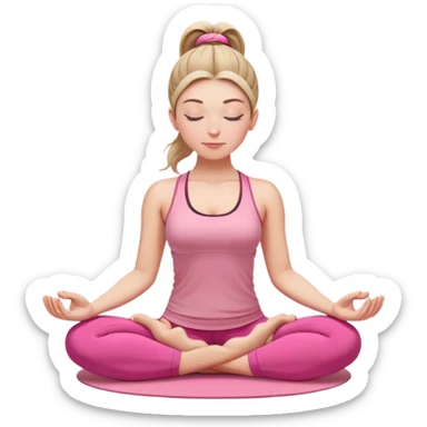 white woman with ponytail hairstyle in lotus position meditation yoga pose, closed eyes, relaxed face, wearing pink yoga outfit sticker