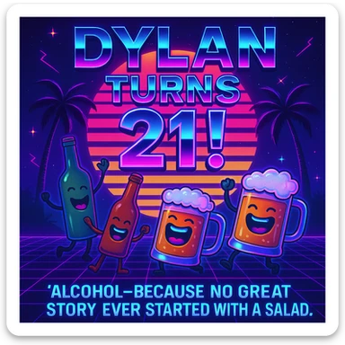 Completely change the style to vaporwave: neon colors, retro 80s grid, palm trees, synthwave sunset, chrome text, and keep the funny drink quote. Make it look digital and bold. sticker