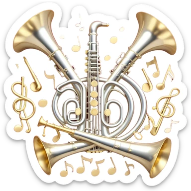 Create a festive and elegant emoji collage featuring a bouquet or fan of bells of wind instrument  (trumpets, saxophones, trombones, tubes, etc.) arranged in a radiant, symmetrical pattern. The instruments should have polished, golden and silver finishes, with their large, shiny bells forming a beautiful, fan-like display. Include a flowing ribbon of musical notes swirling through the center, conveying movement and melody. The background should feature a deep red velvet texture, adding a touch of luxury and sophistication. The overall composition should be balanced, with an elegant and regal feel, with a transparent background to keep focus on the instruments and musical elements. sticker