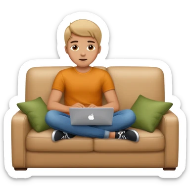 A young guy is lying on the sofa with a laptop sticker