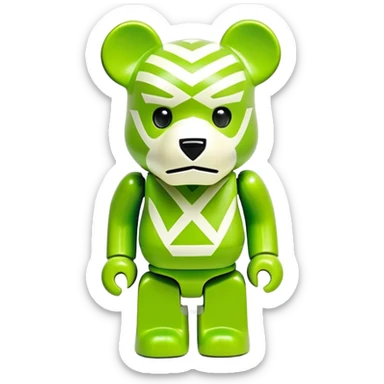 authentic bearbrick figure with geometric bear head, lime green mask with Off-White diagonal stripes logo, distinct eyebrows, collectible toy sticker