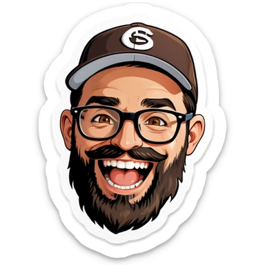 A man with a grey baseball cap, hazel eyes, big dark brown beard and glasses, laughing sticker