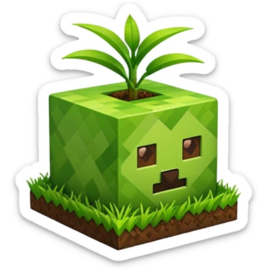 A 3D Apple-style emoji of a Minecraft grass block, cubic shape, with bright green grass on top and brown soil with pixel texture on the sides, simple and cute cartoon design. sticker