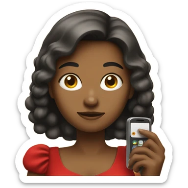 a girl in a red dress holding a cell phone sticker