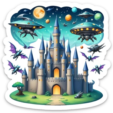 Icon for Fantasy and Sci-Fi Movies: A magical collage with flying dragons. futuristic spaceships and UFOs. Stars and planets shimmer in the background with a mystical castle Hogvards an ancient wizard and robots. The atmosphere is epic, otherworldly and adventurous. Transparent background. sticker