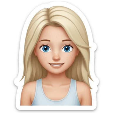 Una chica de tez blanca con pecas, nariz respingada, labios gruesos, ojos grandes color azul grisáceo, pelo largo, lacio, color avellana. Con una blusa de tirantes blanca. Que este sonriendo y q solo se vea de la cintura hacía arriba sticker