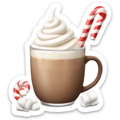 beige hot chocolate with marshmallows and whipped cream and candy cane sticker