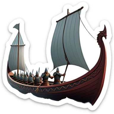 detailed-cinematic-viking-longboat, rendered in a flat, bold vector style with minimal shading, featuring a striking dragon-headed prow slicing through waters. shields on the side and vikings rowing The longboat’s, the boat has carved motifs evoke a sense of epic adventure and Nordic might, with billowing sails catching a dramatic, stormy sky backdrop. sticker