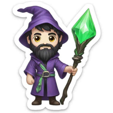 Little mage. Happy. Green cloths. Young look. Black beard. White pale skin. Magical Stick in hands with top diamond purple. sticker