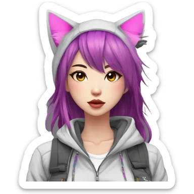 Edgy cool shy colorful Asian urban beautiful pretty anime punk tomboy-lady with cat ears techwear cargo pants hoodie collar  sticker