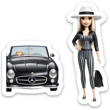 Beach Beauty Barbie, 1965 Wednesday Addams from academy, in dark-gray and black striped outfit with hat. Smiling Driving Mercedes convertible sports car. Pale-white porcelain skin.  sticker