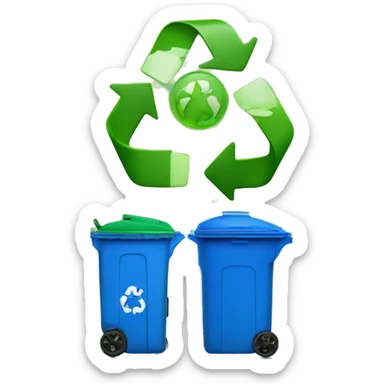 A blue trash can with a lid next to a green recycling bin with a lid sticker