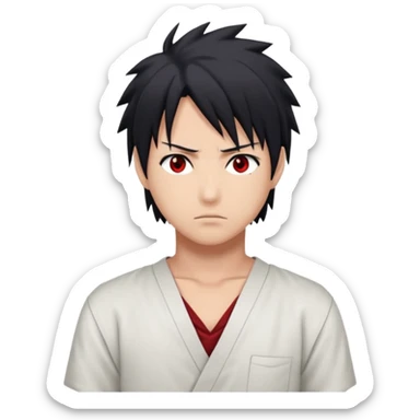 Sasuke Uchiha. White low cut shirt, dark hair, Sasuke hair, red eyes sticker