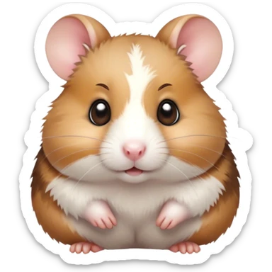 Cinematic Cute Brown and White Banded Hamster Portrait Emoji, Head tilted playfully and inquisitively, showcasing a fluffy coat with playful brown and white banded patterns, round, sparkling dark eyes filled with curiosity, Simplified yet irresistibly adorable features, highly detailed, glowing with a warm, friendly glow, high shine, affectionate and lively, stylized with a touch of whimsy, bright and endearing, soft glowing outline, capturing the essence of a mischievous yet loving hamster, so playful it feels like it could dash out of the screen and into your arms! sticker
