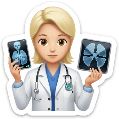 A medical professional in a white lab coat examining an X-ray film, wearing a radiation badge sticker