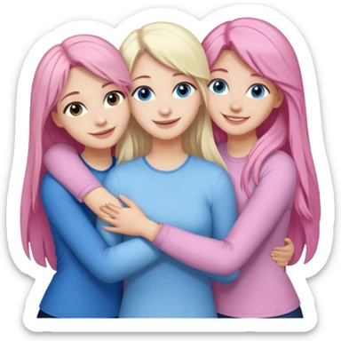 four white girlfriends hugging and smiling    2 girls with brown eyes and long dark brown hair. One with long light pink hair and blue eyes, one girl with blue eyes and light blonde hair sticker