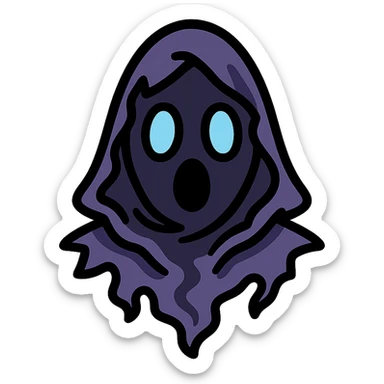 vector emoji of a dark, ethereal, faceless head with a torn, ruffled hood, made of smoke and shadow, flat colors, surprised expression created by light and shading passing through the hood, mysterious and resembling Death sticker