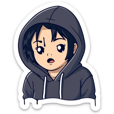girl with black hair in black hoodie with tears streaming down her face sticker