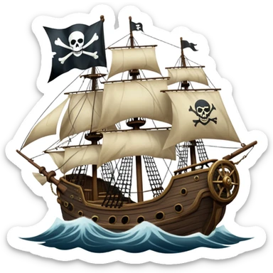 An icon representing an adventure game, inspired by high-seas exploration. The design features a fearless pirate gripping the wheel of a grand sailing ship, its tattered Jolly Roger flag billowing as it cuts through stormy waters. The scene evokes danger, treasure, and the thrill of the open sea. Transparent background. sticker