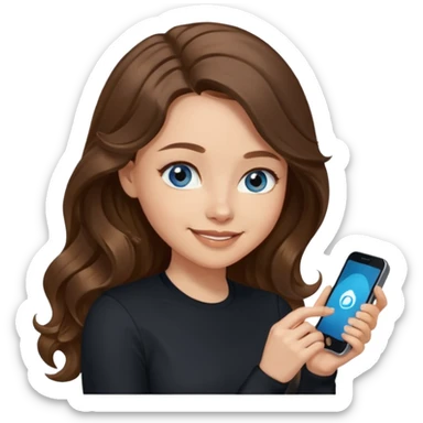 generate a pretty woman with blue eyes, light skin and long and really wavy shiny medium brown hair holding a phone while looking down at the screen. she is wearing an ALL black long sleeve. she is smiling sticker