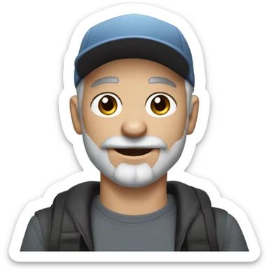 blue eyed man, with grey hair,  grey goatee, wearing ball cap, holding long hair black chihuahua sticker