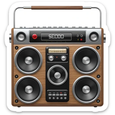 3D render of Boombox, vintage 1980s audio equipment aesthetic, tactile analog buttons, silver chrome body with black speakers, mixed wood grain and brushed aluminum textures, Apple emoji style, isolated on white background --v 6.0 sticker