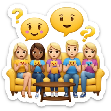 group of friends on couch playing a trivia game couch should be deep dark yellow color.  include a small wooden table in front of the couch as well.  Add smiling face emoji and question marks above their heads sticker