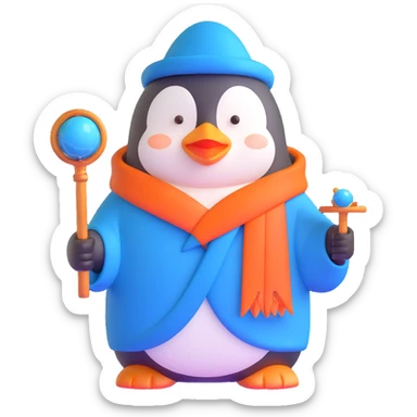 penguin wizard with a blue robe and magical staff sticker