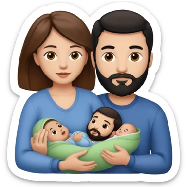 Una mujer con pelo castaño y ojos marrones  con un bebé y un hombre con pelo negro y barba sticker