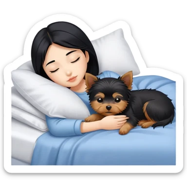 pretty asian girl with black hair sleeping in bed with small yorkshire terrier sticker