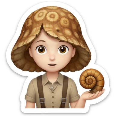Shelly has a small, chibi-style body with a large ammonite-shaped head that looks like a beige fossil shell. One side of her head has a dark opening, making it clear she isn’t human. Her face is simple and soft, with big round eyes. She wears a brown suspender outfit over a lighter shirt sticker