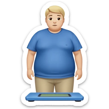 A young slightly overweight male with short dark-blonde hair, medium-light skin, and a relieved facial expression. He stands on a scale, visibly noticing he has lost weight. He wears blue cloth. His posture shows a mix of surprise and relief, with relaxed shoulders and a gentle smile. sticker