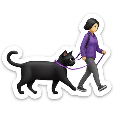 Black cat with a purple leash going for a walk with an Asian female  sticker