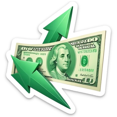 single green downward arrow on the left, space in the middle, single banknote on the right, clearly separated, representing lowering costs sticker