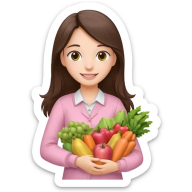 pretty smiling long brunette hair girl hazel eyes wearing light pink clothes holding groceries sticker