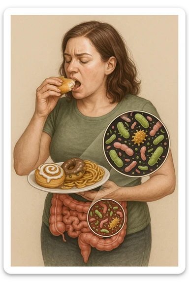 donna con batteri cattivi pieni nel suo intestino immagini realistiche mangia alimentazione ricca di glutine e zuccheri alimentando tutti i batteri cattivi sticker