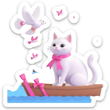 rounded 3D iOS style scene: a white cat with a pink ribbon, sitting by the sea, looking at sparkling water and flying birds sticker