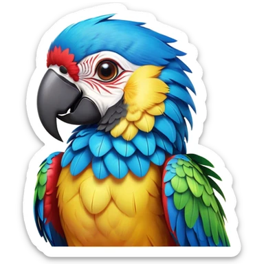 Cinematic Cute Macaw Portrait Emoji, Head tilted playfully and inquisitively, with a dazzling array of colorful plumage and round, sparkling eyes filled with charm, Simplified yet irresistibly adorable features, highly detailed, glowing with a warm, friendly tropical glow, high shine, affectionate and lively, stylized with a touch of whimsical vibrancy, bright and endearing, soft glowing outline, capturing the essence of a mischievous yet loving parrot that seems as if it could flutter out of the screen into your arms! sticker