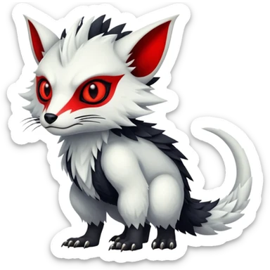 a white exotic edgy vernid-fionbr-Fakémon-creature, with black belly and red eyes, full body sticker