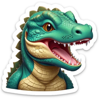 Cinematic Cute Yawning Komodo Dragon Lizard Portrait Emoji, Head slightly angled in a dramatic, wide-open yawn, showcasing rugged, textured scales and sleepy, half-closed eyes, Simplified yet irresistibly adorable features, highly detailed, glowing with a soft, cozy glow, high shine, relaxed yet expressive, stylized with a hint of whimsical wildness, soft glowing outline, capturing the essence of a drowsy yet endearing reptile that appears ready to stretch out for a nap! sticker