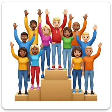multi-racial people in colorful jeans, t-shirts, and hoodies on a brown winners’ podium with middle step higher, no numbers, one person high fiving, excited fun expressive emoji style sticker