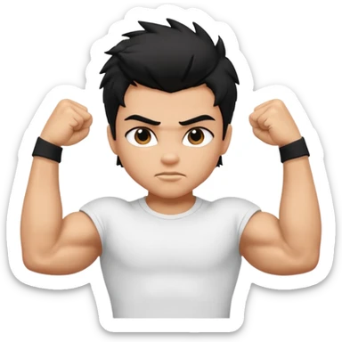 generate a pretty tan bratz boy with black messy hair flexing his biceps. wearing white tshirt sticker