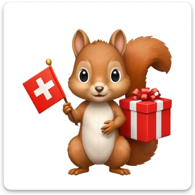 a squirrel holding a red gift box in one hand and a Swiss flag in the other, both objects clearly visible, simple white background sticker