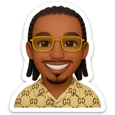 Keep the same parameters as the reference image: thin head, slightly lighter skin tone, beard only on the chin (no hair under the lower lip), mustache only above the upper lip, no hair under the lower lip, detailed black braided hair, golden rectangular sunglasses, beige top with GG pattern and visible collar, transparent background. Add a smile with visible white teeth. sticker