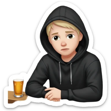 Caucasian in black hoodie sitting sad at bar leaning on arm sticker