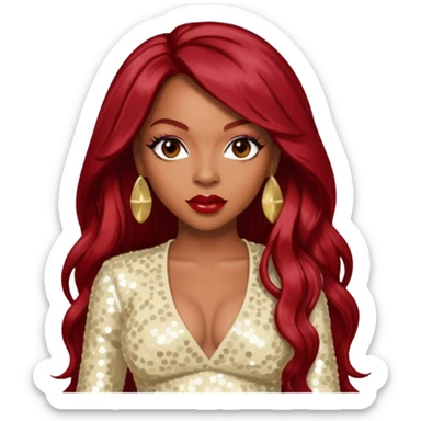 LaTavia Robeson from Destiny's Child with long dark red hair, cream sequin outfit sticker