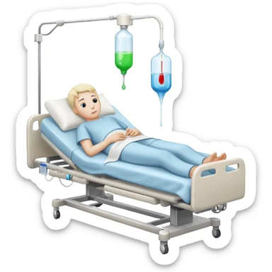 person lying in hospital bed with IV drip sticker