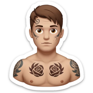 tattoo man, fair white skintone,brown hair, tattoos on face, more visible, bulky man with tattos on his chest. sticker